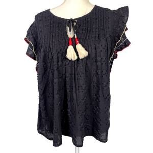 ACOS&A, Size Large, Black Blouse, Embroidered, Flutter Sleeve, Boho, Tassel